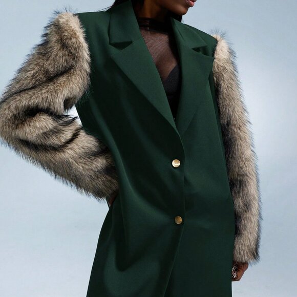 Green Elegant Women's Faux Fur Long Loose Patchwork Jacket - Picture 5 of 8